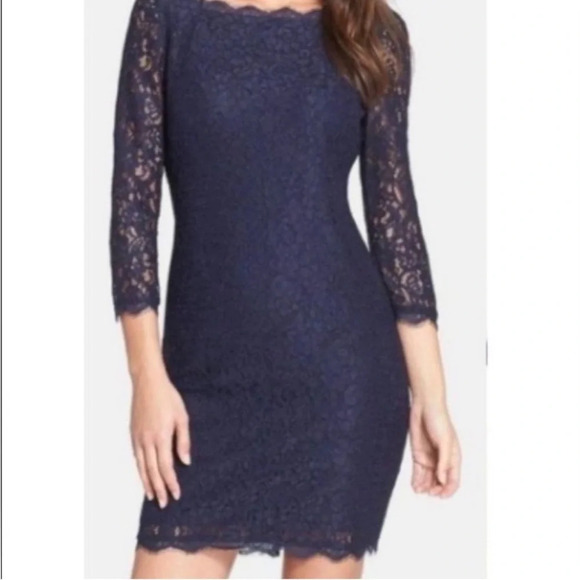 ADRIANNA PAPELL EVENING Anthropologie Navy Lace Overlay Back Zip 8 Square Neck - Picture 2 of 16